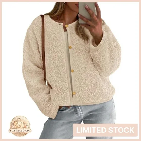 Cropped Faux Fur Jacket Sherpa Fleece Button Down Chic Winter Cozy